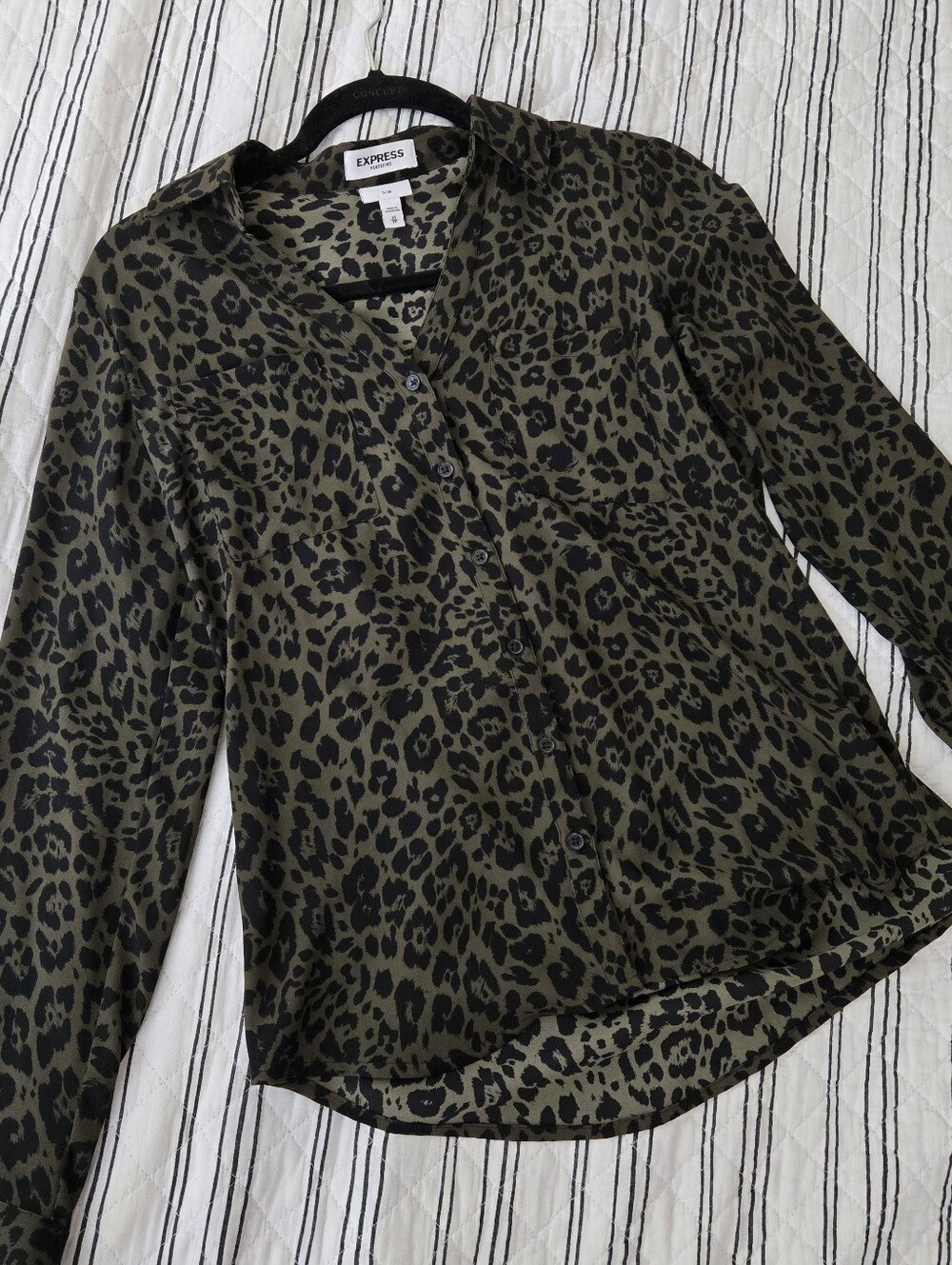 Express Olive Green and Black Leopard Print Button-Up Top
